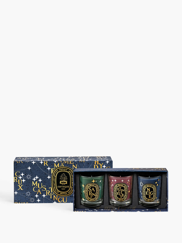 Sapin (Pine Tree), Neige (Snow), Étincelles (Spark) - Set of 3 small holiday candles
