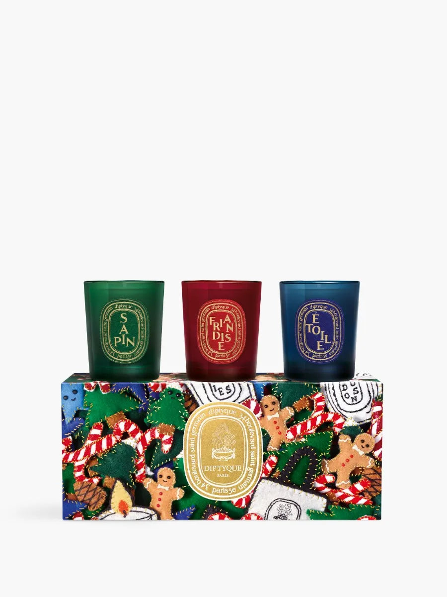 Sapin (Pine Tree), Friandise (Sweet Treat), Étoile (Star) - Set of 3 small holiday candles