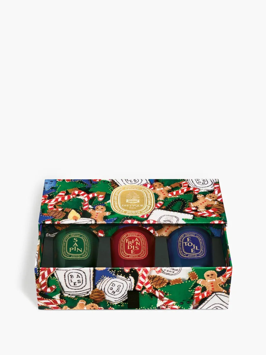 Sapin (Pine Tree), Friandise (Sweet Treat), Étoile (Star) - Set of 3 small holiday candles